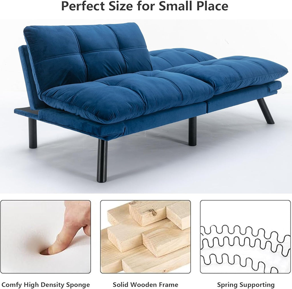 Anwick Velvet Convertible Futon Sofa Bed,71' Modern Comfy Loveseat Sleeper Sofa with Adjustable Backrest Armrest,Folding Futon Sleeper Recliner for Living Room,Office,Apartment (Navy Blue)