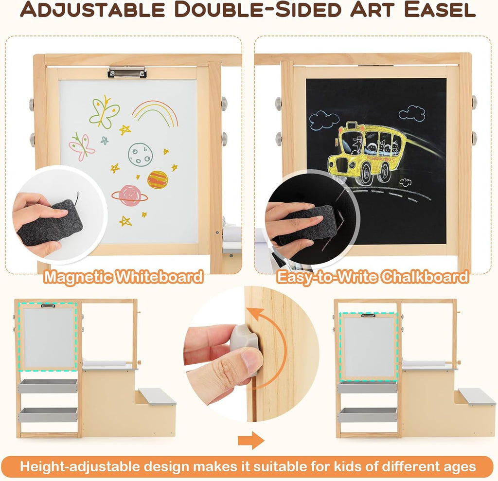 Costzon Easel for Kids, Wooden Art Center with Double-Sided Blackboard & Whiteboard, Paper Roll for Drawing, Crafts, Writing, Toddler Activity Table with Storage, Kids Table and Chair Set (Grey)