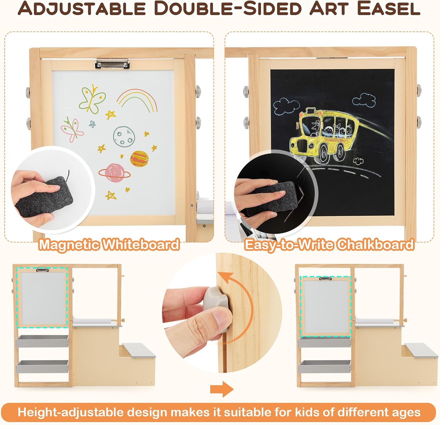 Costzon Easel for Kids, Wooden Art Center with Double-Sided Blackboard & Whiteboard, Paper Roll for Drawing, Crafts, Writing, Toddler Activity Table with Storage, Kids Table and Chair Set (Grey)