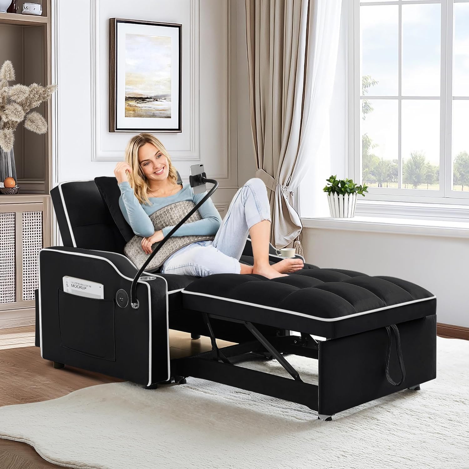 3-in-1 Convertible Sleeper Sofa Bed Chair with Cup Holders & Phone Holder, Futon Chair Bed with Pull Out Couch Adjustable Backrest, Modern Velvet Chaise Lounge for Living Room Bedroom (Black, 35.43')