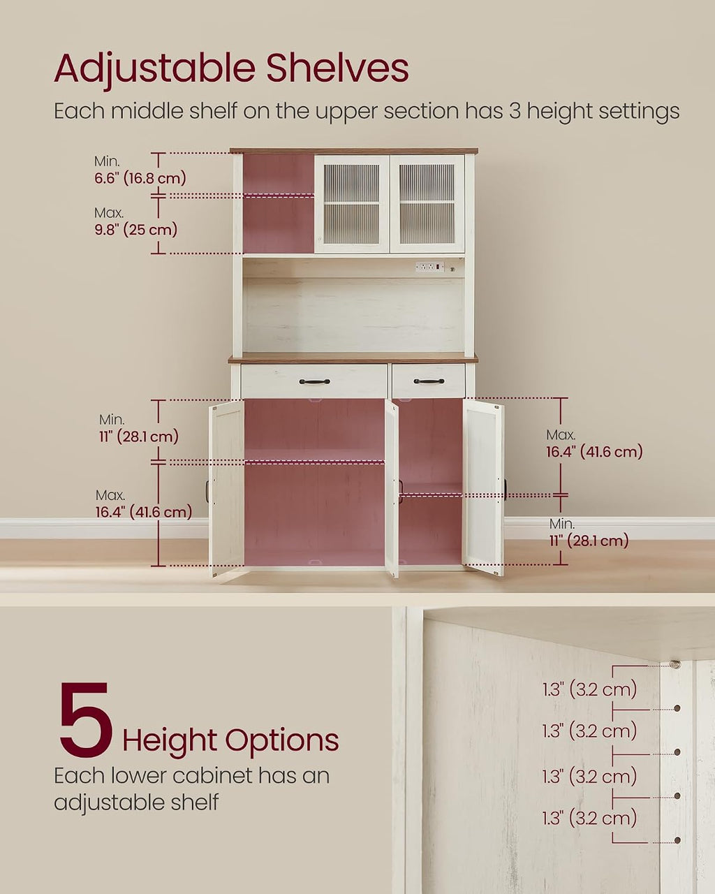 VASAGLE Pantry Cabinet with Lights and Charging Station, Kitchen Storage Cabinet with Doors and Drawers, 15.6 x 41.9 x 71.1 Inches, Adjustable Shelves, Farmhouse Style, Rustic White UBBK391W01
