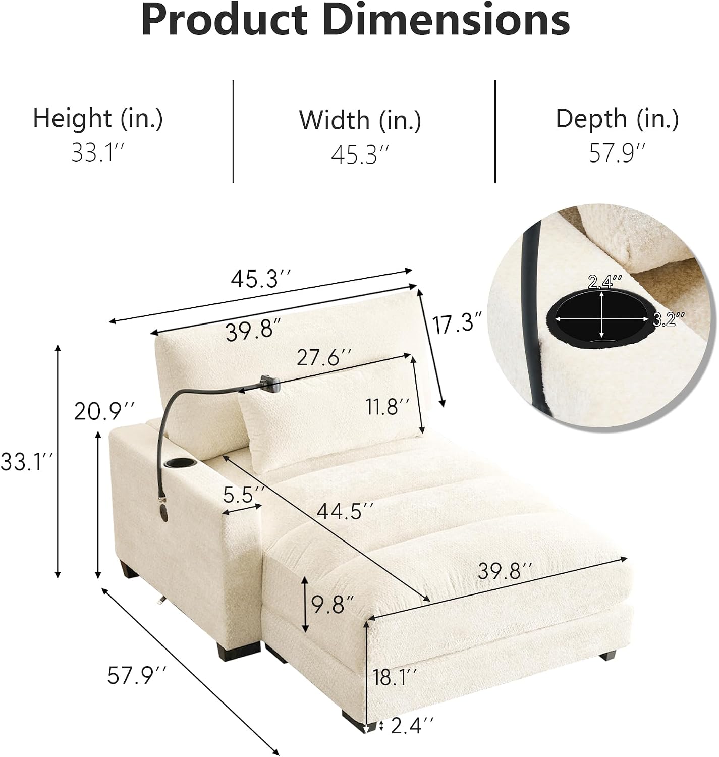 Yoglad Oversized Recliner Lounge Chair with USB Charging & Phone Holder - 400lb Heavy Duty Soft Chenille Reading Chair for Adults, Perfect for Small Spaces in Bedroom/Living Room, Beige