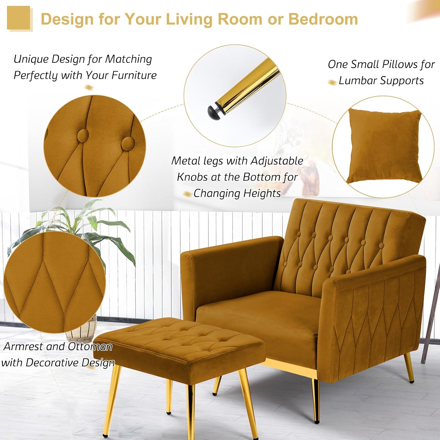 2 Pieces Velvet Sofa Set with Adjustable Armrest and Backrest, 70' Convertible Futon Sofa Bed & Mordern Accent Chair with Ottoman for Living Room, Bedroom, Ginger