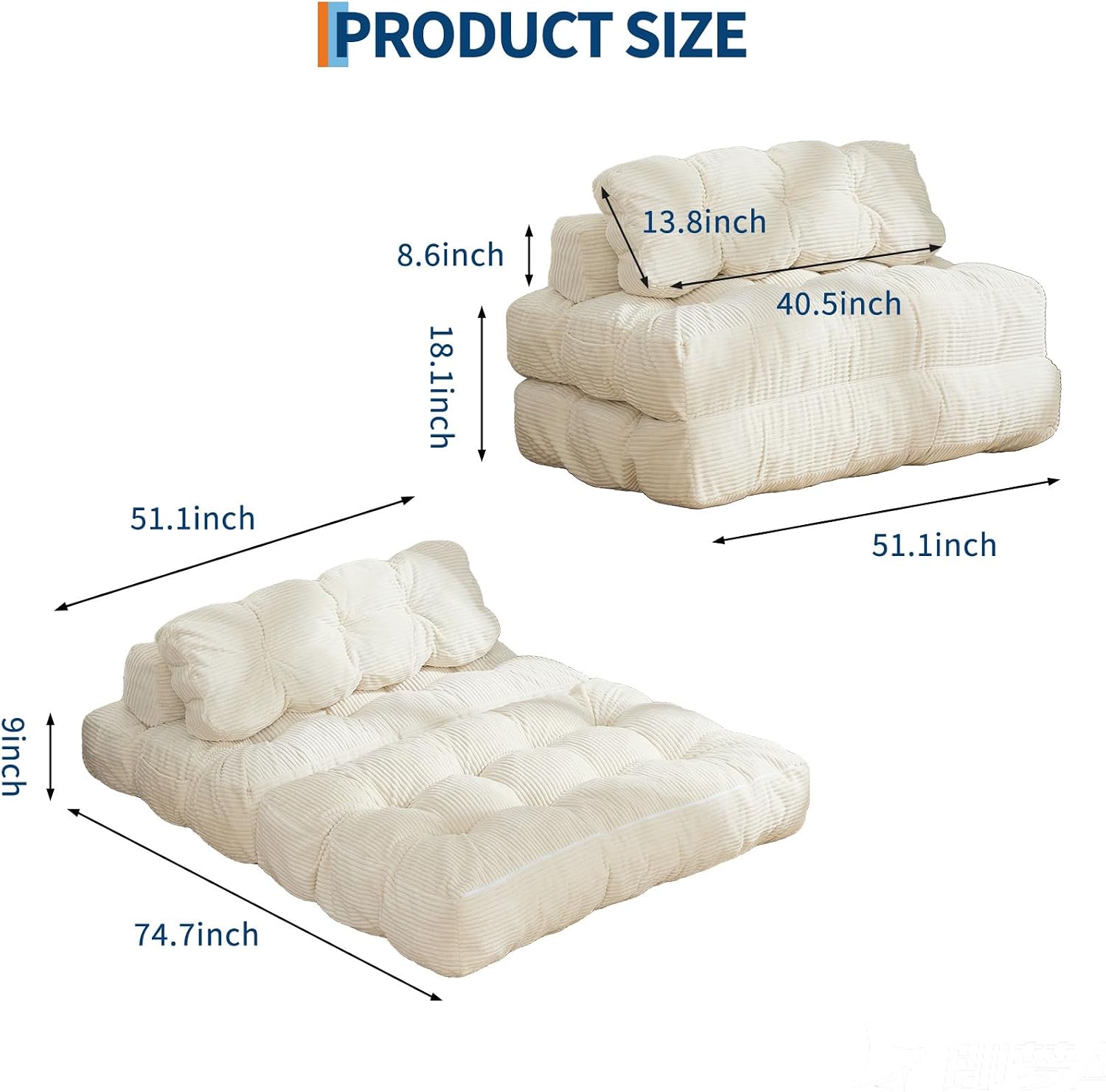 Folding Sofa Bed, 3-in-1 Convertible Sleeper Chair with Pillow, Double Futon Couch Bed with Back Support, Portable Fold Out Chair Bed Comfy Floor Sofa Lounge for Living Room Bedroom, Beige