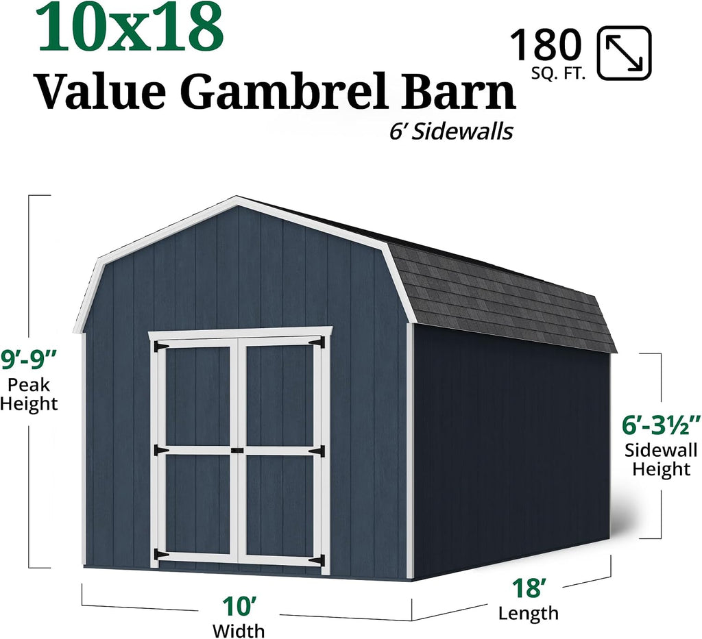 Little Cottage Co. 10x18 Value Gambrel Barn with 6 ft. Sidewalls with Floor, Outdoor Wood Storage Shed Do-It-Yourself Precut Kit