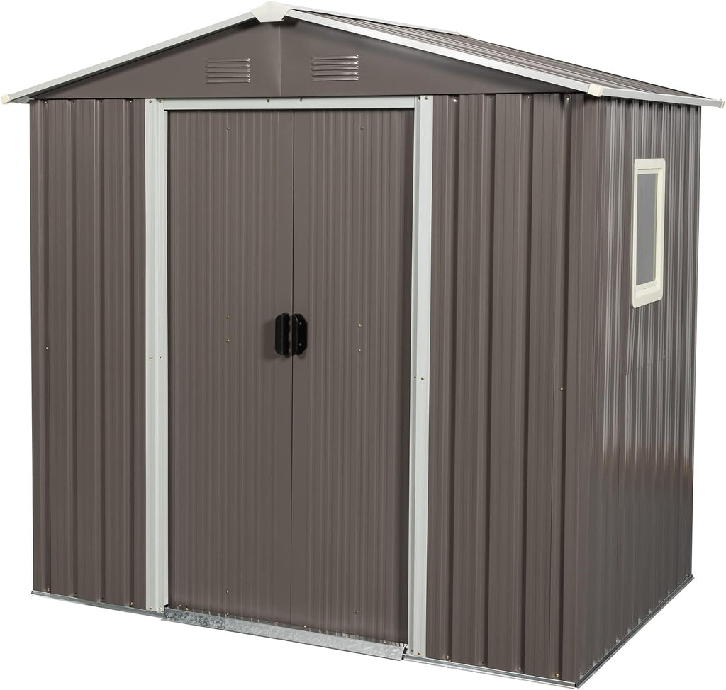 6 x 5 FT Outdoor Storage Shed, Metal Garden Shed with Floor Frame, Tool Shed Outdoor Storage with Lockable Sliding Doors & Window & Air Vents, Storage House Waterproof for Backyard, Lawn, Gray