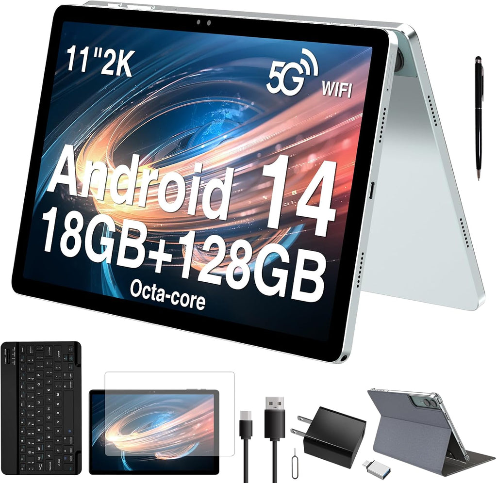 2026 Latest 11 inch Android Tablet, 18GB RAM 128GB ROM, 1TB Expandable, 2K Display, T616 Octa-Core, 13MP+5MP+5MP Camera, 9000mAh Battery, GPS, Face ID, Quad Speakers, Tablet with Keyboard and Pen