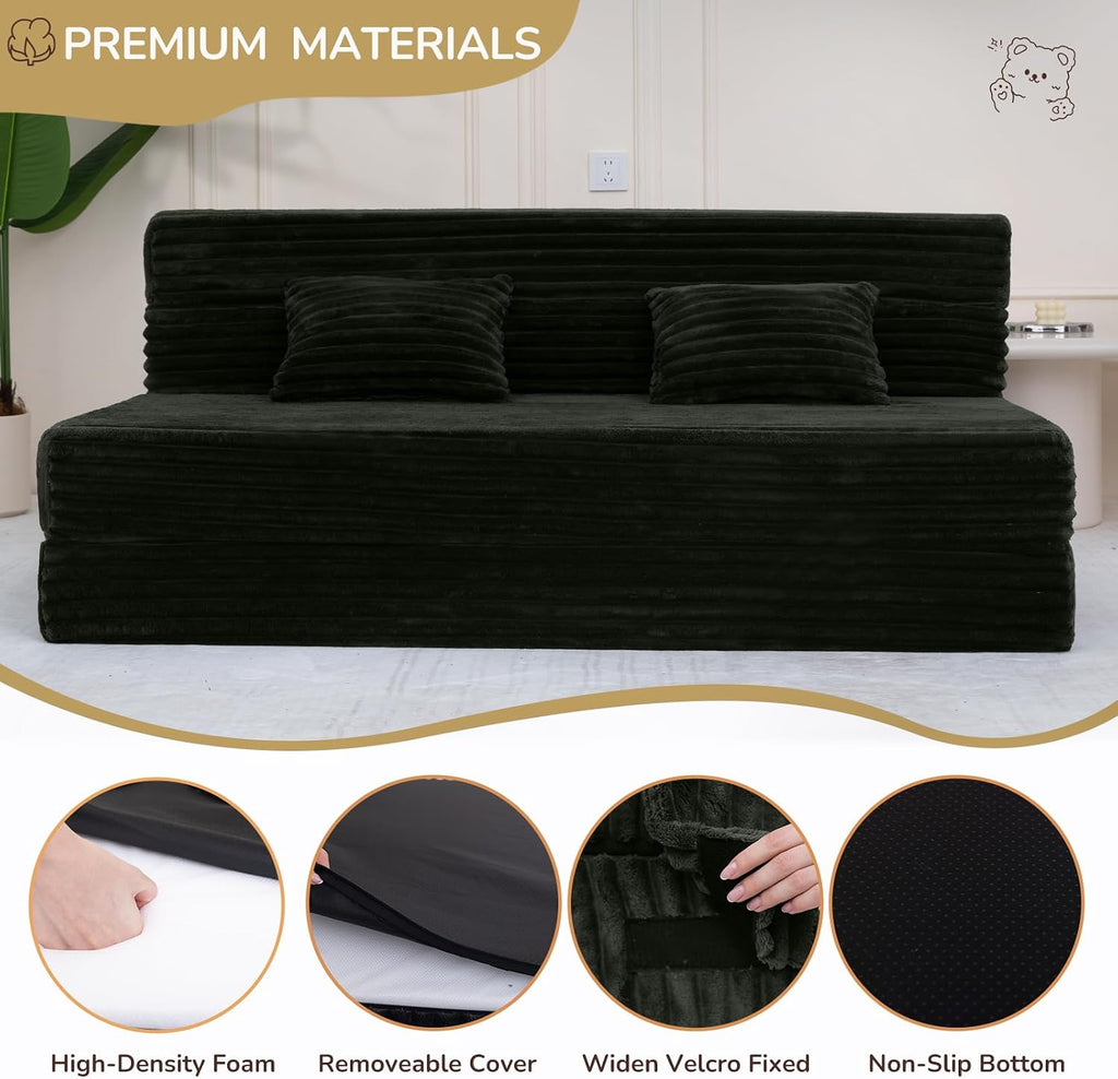 Fvkind Folding Sofa Bed Queen Size, Convertible Sleeper Chair Loveseat with Pillow, Futon Chair Sofa Bed, Fold Out Floor Couch, Foldable Mattress for Living Bedroom Guest Room Dorm, Charcoal Moss Grey