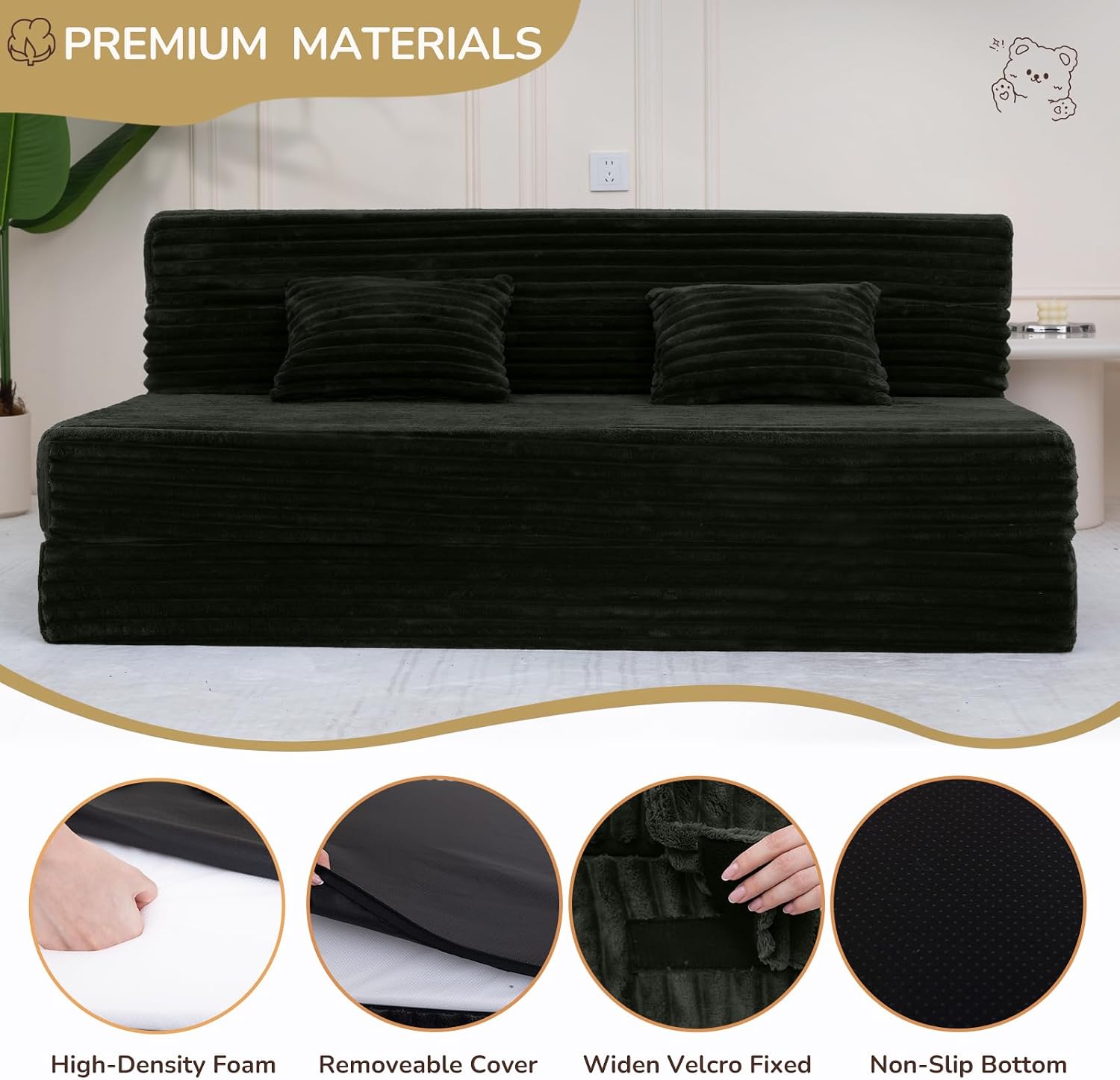 Fvkind Folding Sofa Bed Queen Size, Convertible Sleeper Chair Loveseat with Pillow, Futon Chair Sofa Bed, Fold Out Floor Couch, Foldable Mattress for Living Bedroom Guest Room Dorm, Charcoal Moss Grey