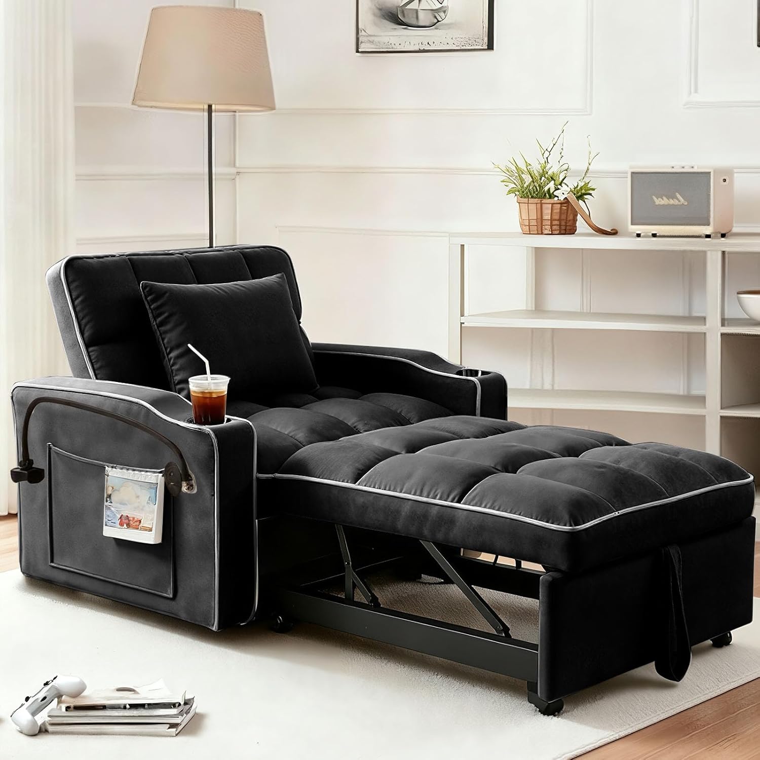 Convertible Sleeper Chair Bed, Pull Out Chair Sleeper with Bracket and Cup Holder, Chairs Bed Sleepers for Adults, 3 in 1 Sofa Bed Chairs for Small Spaces, Living Room, Black
