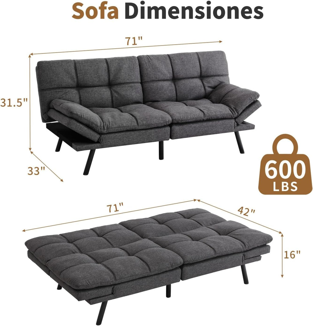 MUUEGM Futon Sofa Bed, 71' Convertible Memory Foam Sofa Couch with Adjustable Backrest & Armrests, Modern Upholstered Sleeper Couch for Small Spaces, Living Room & Apartment, Linen Fabric, Dark Gray