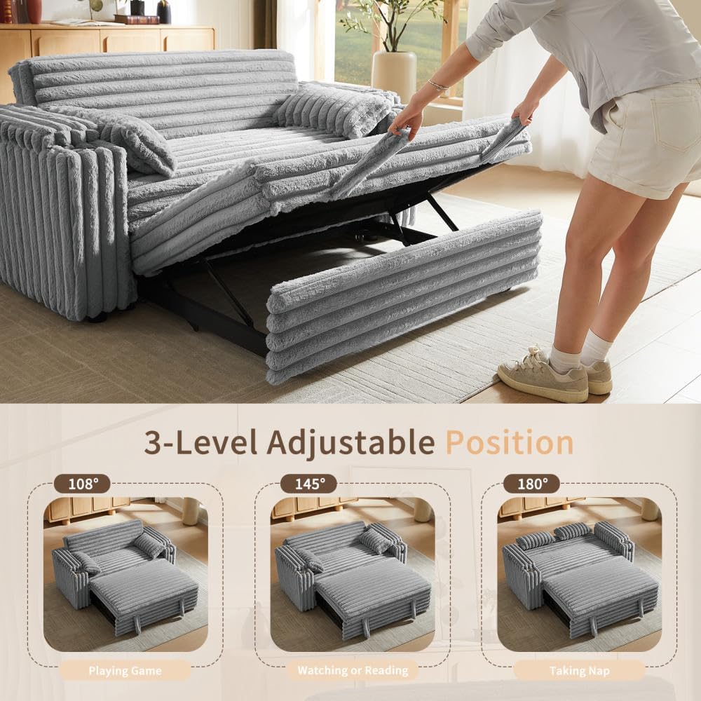 hansones 68.11' Corduroy Sleeper Chair Bed with USB Port, Cup Holders & Side Storage Pockets – 3-in-1 Foldable Sofa Bed for Guest Room, Living Room– Gray