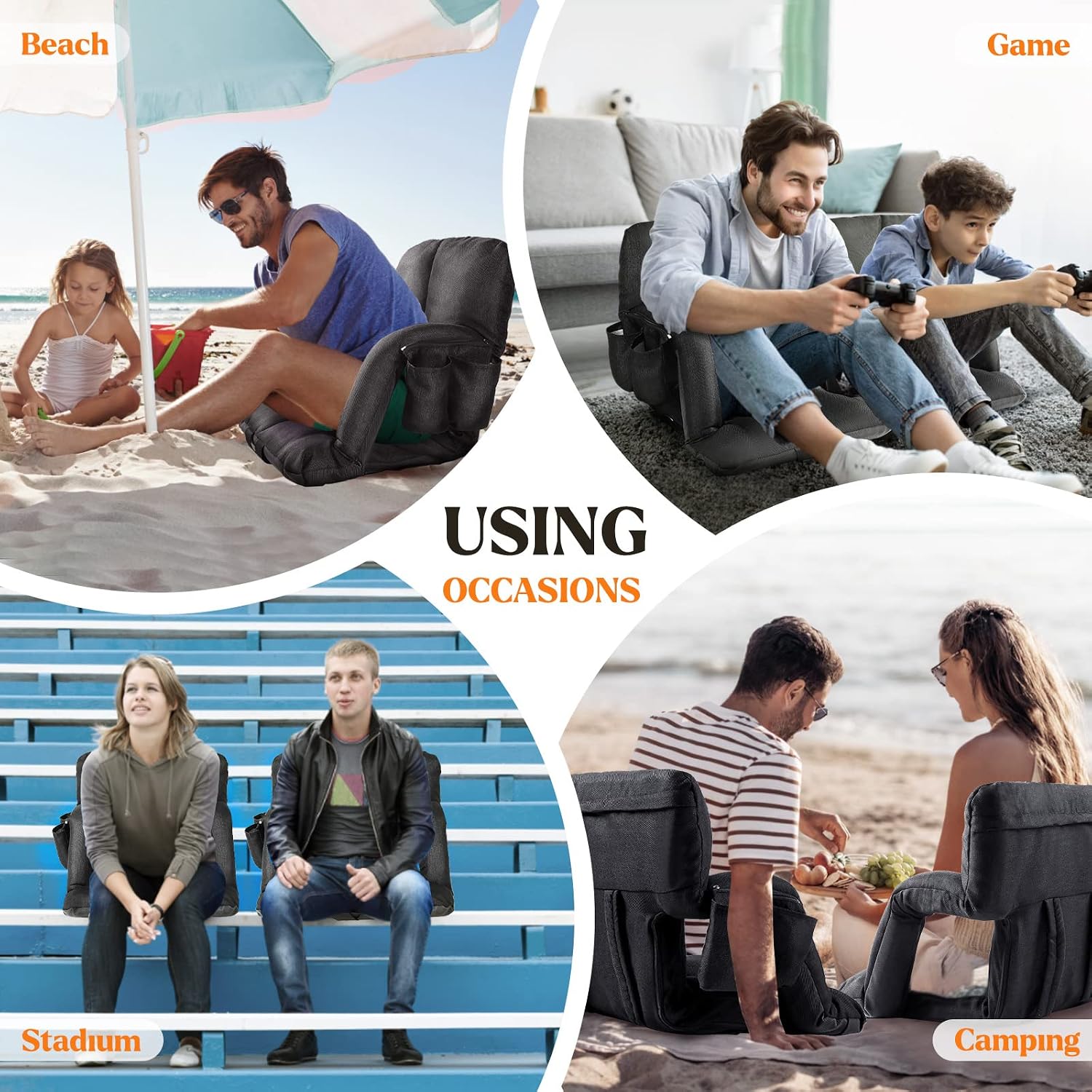 Wide Stadium Seats for Bleachers with Back Support, Extra Thick Plus Size Bleacher Seats with Backs and Cushion Wide, 6 Reclining Positions Bleacher Chairs for Outdoor Indoor 2 Pack (Black)
