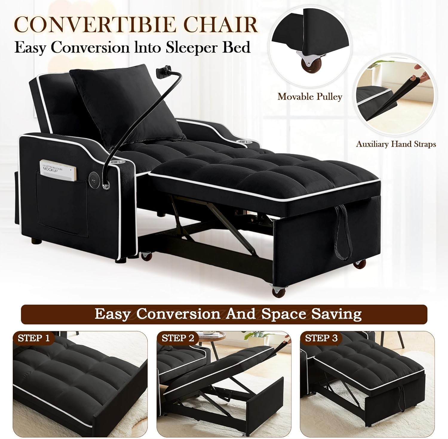 3-in-1 Convertible Sleeper Sofa Bed Chair with Cup Holders & Phone Holder, Futon Chair Bed with Pull Out Couch Adjustable Backrest, Modern Velvet Chaise Lounge for Living Room Bedroom (Black, 35.43')