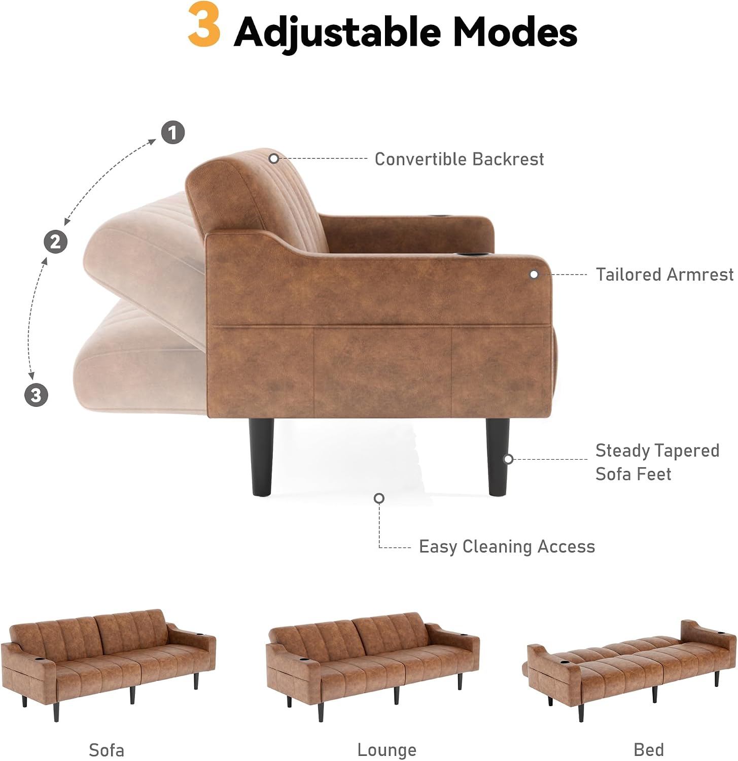 80'' Futon Sofa Bed,Faux Leather Futon Sleeper Sofa, Convertible Loveseat with Adjustable Sofa Backrest,Modern Couches for Living Room, Bedroom, Apartment, Office (Dark Brown)