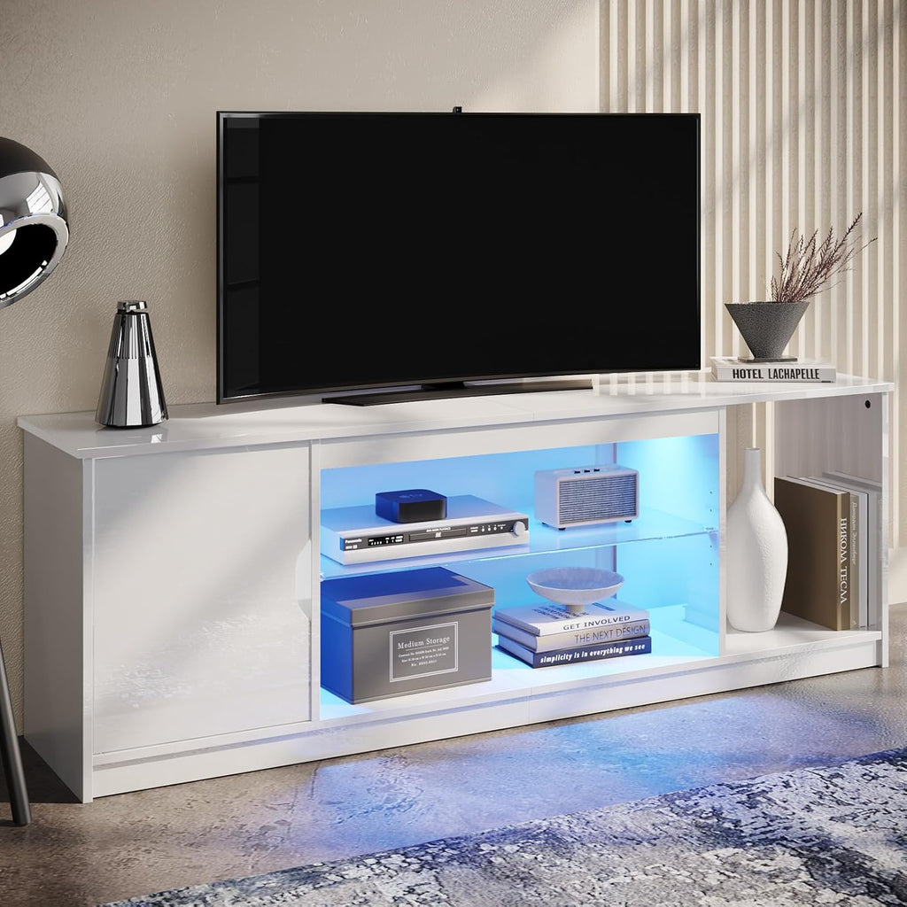 Bestier 57' Gloss White TV Stand for 65' TVs - Modern Gaming Console Unit with Glass Shelves, PS5/Xbox Cabinet, Adjustable Height Entertainment Center for Bedroom & Living Room