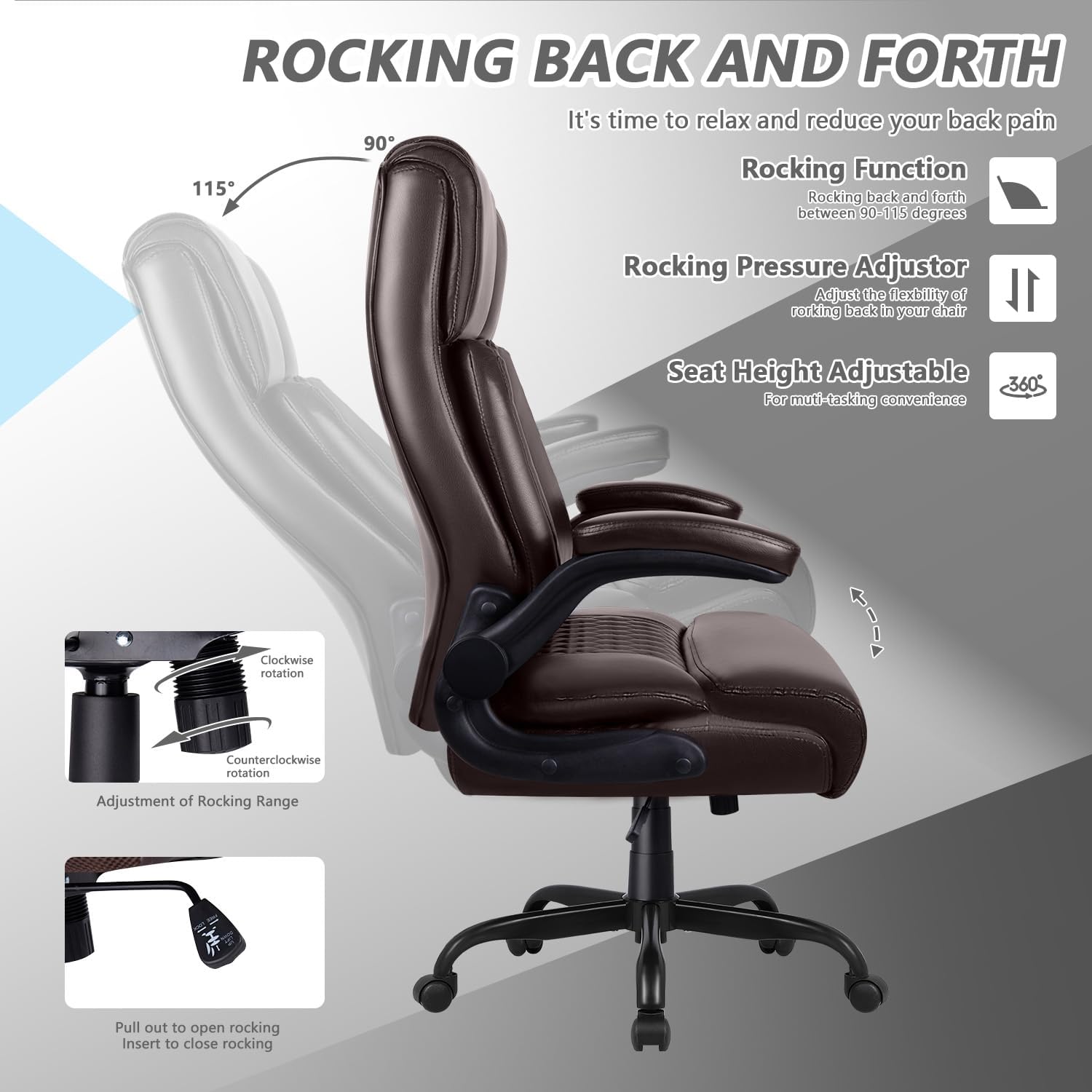 OFIKA Executive Office Chair Heavy Duty Office Chair Padded Flip Up Armrest, Computer Gaming Chair PU Leather Desk Chair, High Back Big and Tall Office Chair with Lumbar Support (Brown)
