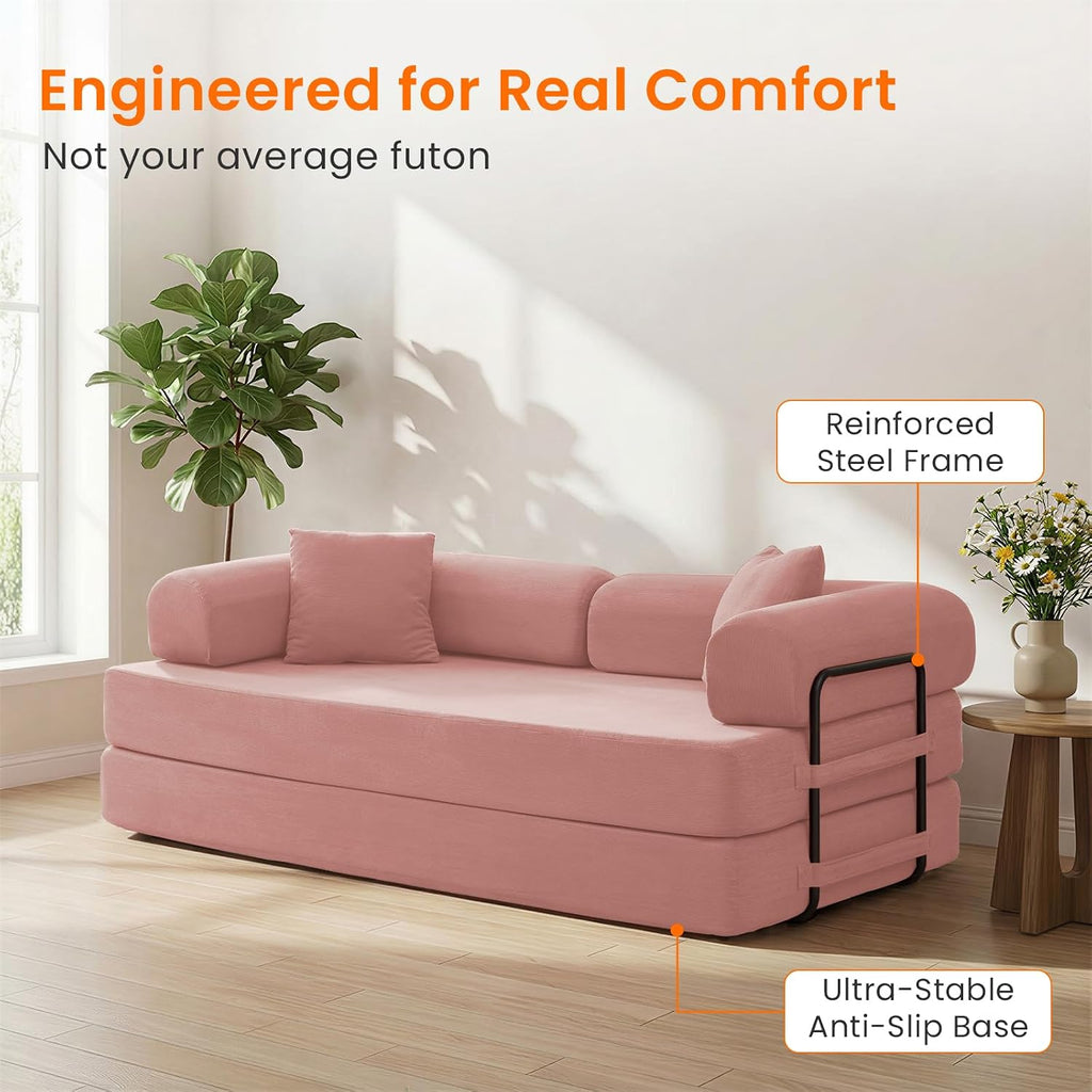 ijuicy 4-in-1 King Convertible Floor Sofa Bed w/ 2 Pillow,Modular Sleeper Sofa/Folding Futon Couch Bed w/Cylindrical Backrest and Fixed Frame,Lounge Couch,Corduroy Compression Sofas for Home-Pink
