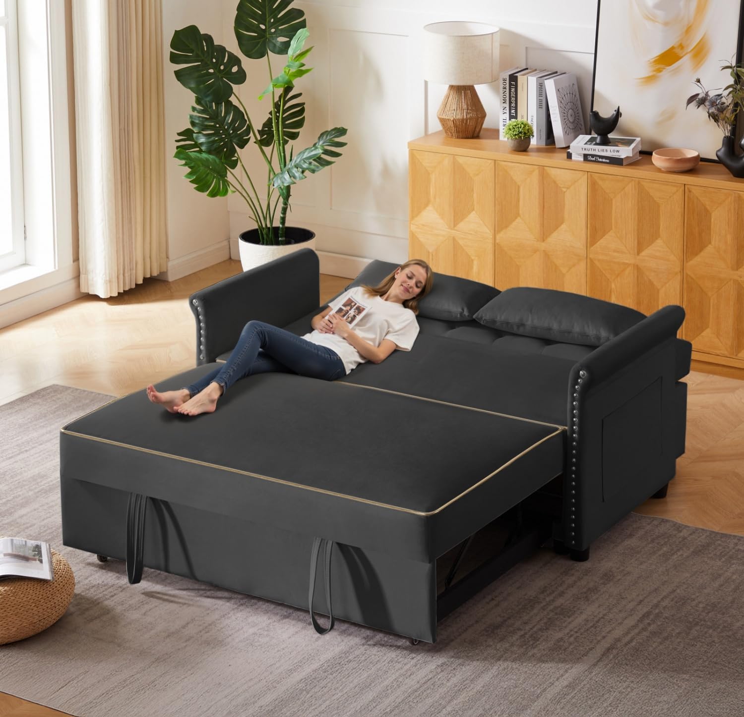 oaaktu 57-Inch Velvet Full Size Sleeper Sofa Couch with Pullout Bed,Convertible Pull Out with Golden Decorative Strip and Adjustable Backrest for Small Spaces,Apartment, Guest Room, RV (Black)