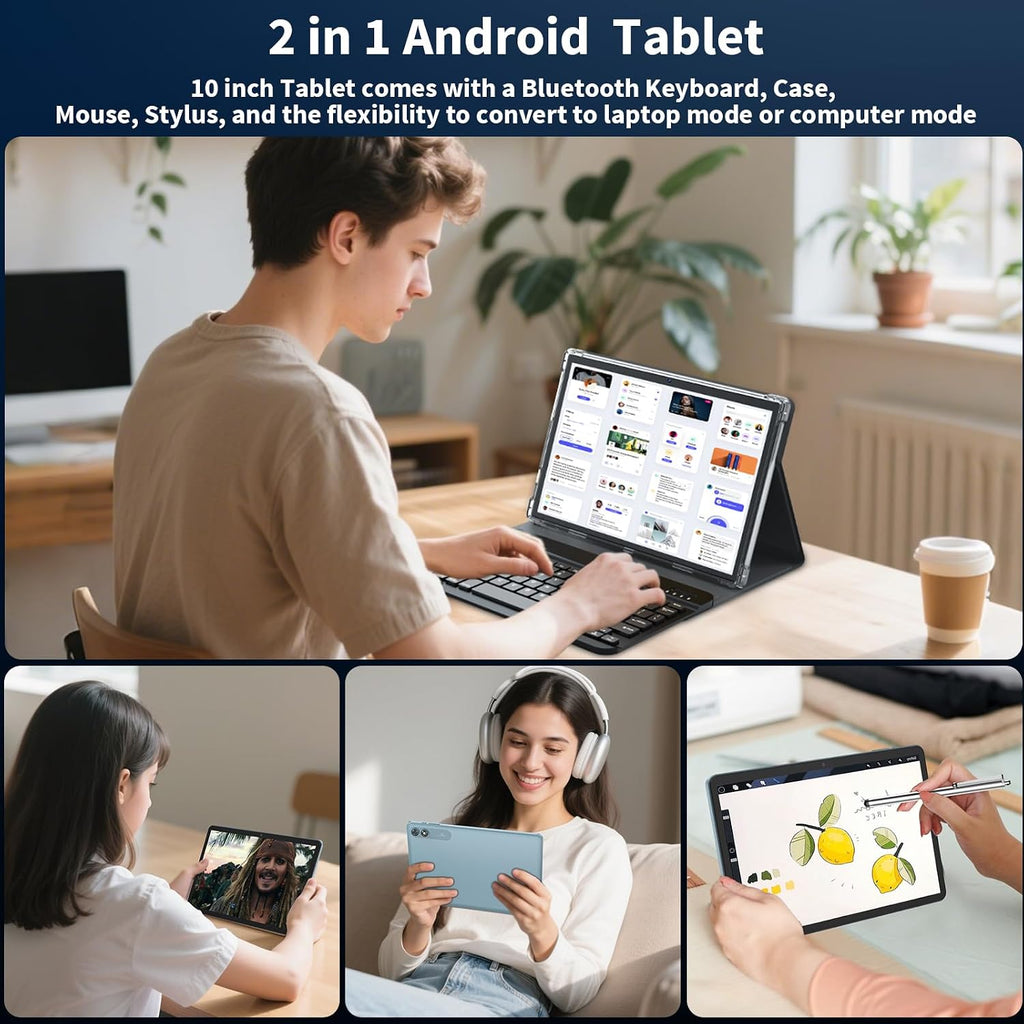 10 inch Android 15 Tablet, 2026 Tablet with Keyboard, 24GB+256GB+2TB Expand, Tablets PC with Gemini AI, 8000mAh Battery, 5G WiFi, Widevine L1, 2 in 1 Tablets with Case, Mouse, Stylus (Black Case)