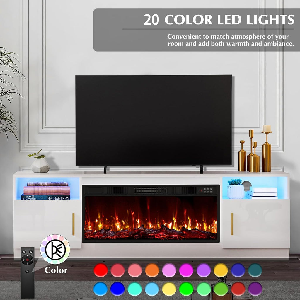 Lemberi Fireplace TV Stand with 36' Electric Fireplace, Fits TVs Up to 80', 70' LED Lit Entertainment Center, Modern High Gloss Wood with Spacious Storage Cabinet for Living Room, White