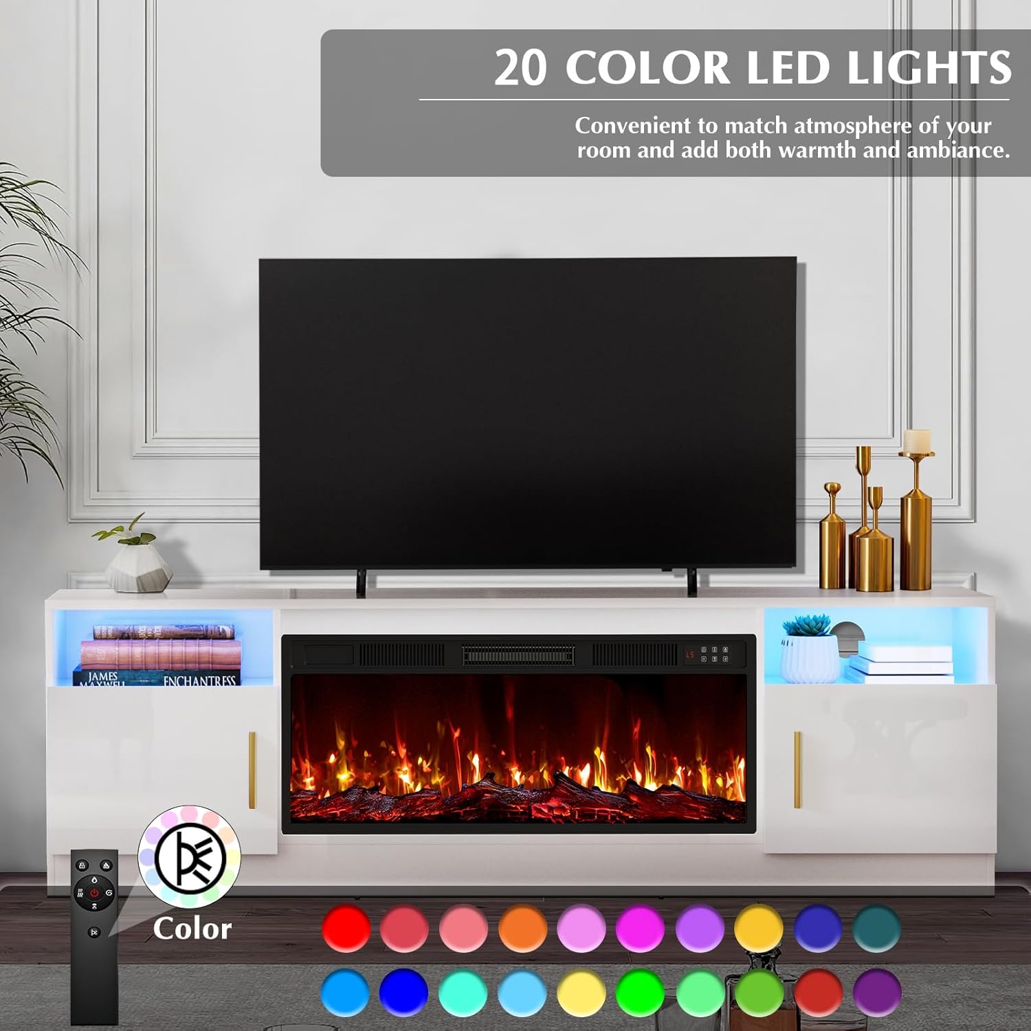Lemberi Fireplace TV Stand with 36' Electric Fireplace, Fits TVs Up to 80', 70' LED Lit Entertainment Center, Modern High Gloss Wood with Spacious Storage Cabinet for Living Room, White