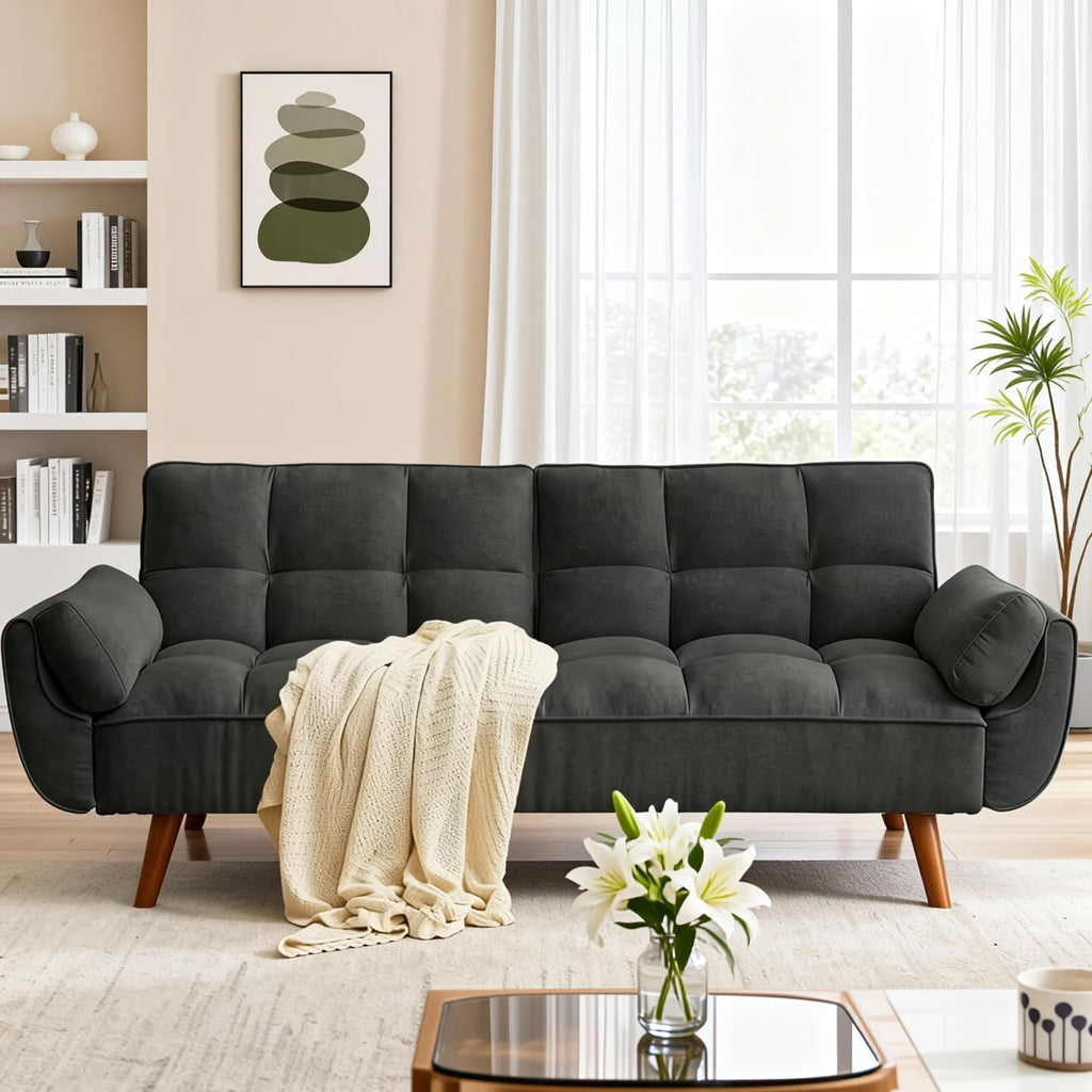 Convertible Futon Sofa Bed, Modern Futon Couch with 2 Pillows, Small Futons Couch with Adjustable Armrest & Backrest, Loveseat Sofa Bed for Living Room, Bedroom, Black