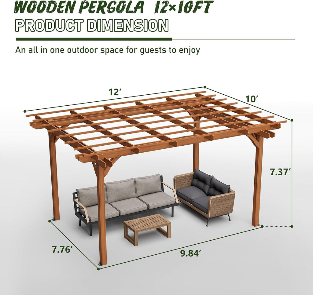 Wood Pergola Gazebo for Climbing Plants - Free Standing Outdoor Garden Structure with Waterproof Solid Fir, Windproof Level 6 & 200lb Snow Load - Backyard, Patio, Poolside Brown (12 x 10 FT)