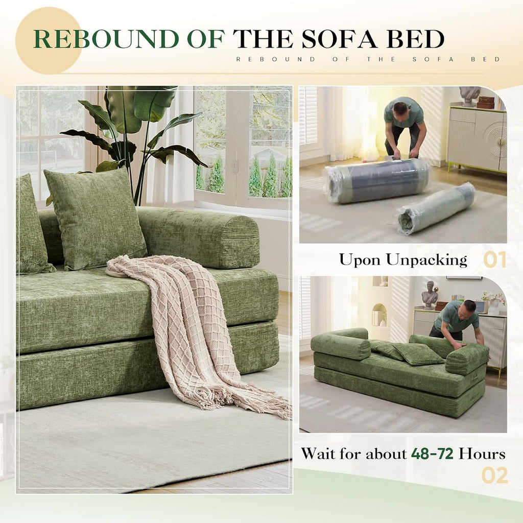 Deolme 3 in 1 Convertible Futon Sofa Bed, Modern King Size Chenille Loveseat Sleeper Sofa Folding, 3-Seater Foldable Lounger Couch Bed for Living Room, Bedroom Guest Room (Green, 3 Throw Pillows)