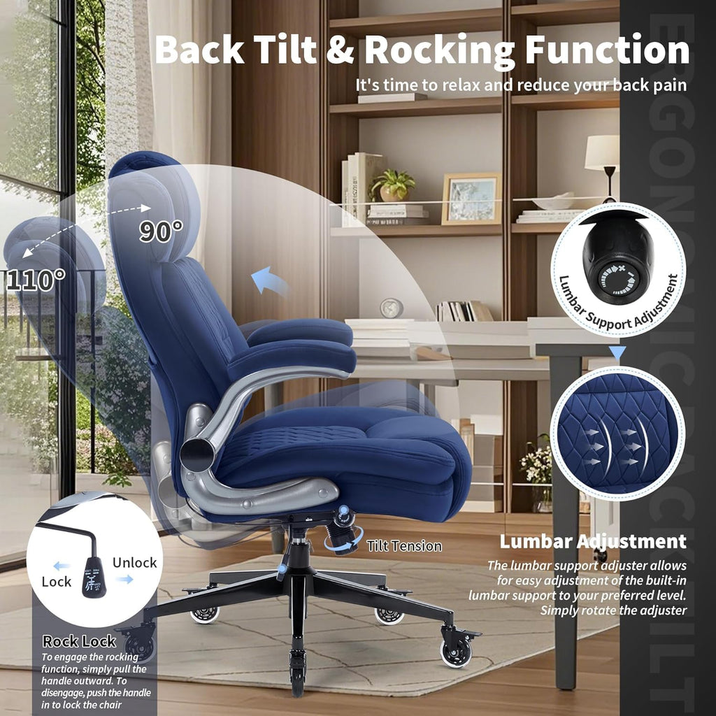 Office Chair with Locking Wheels, Ergonomic High Back Fabric Desk Chair with Adjustable Lumbar Support, Flip-Up Arms, Thick Padded Seat, 400lbs Heavy Duty for Home Office Adults