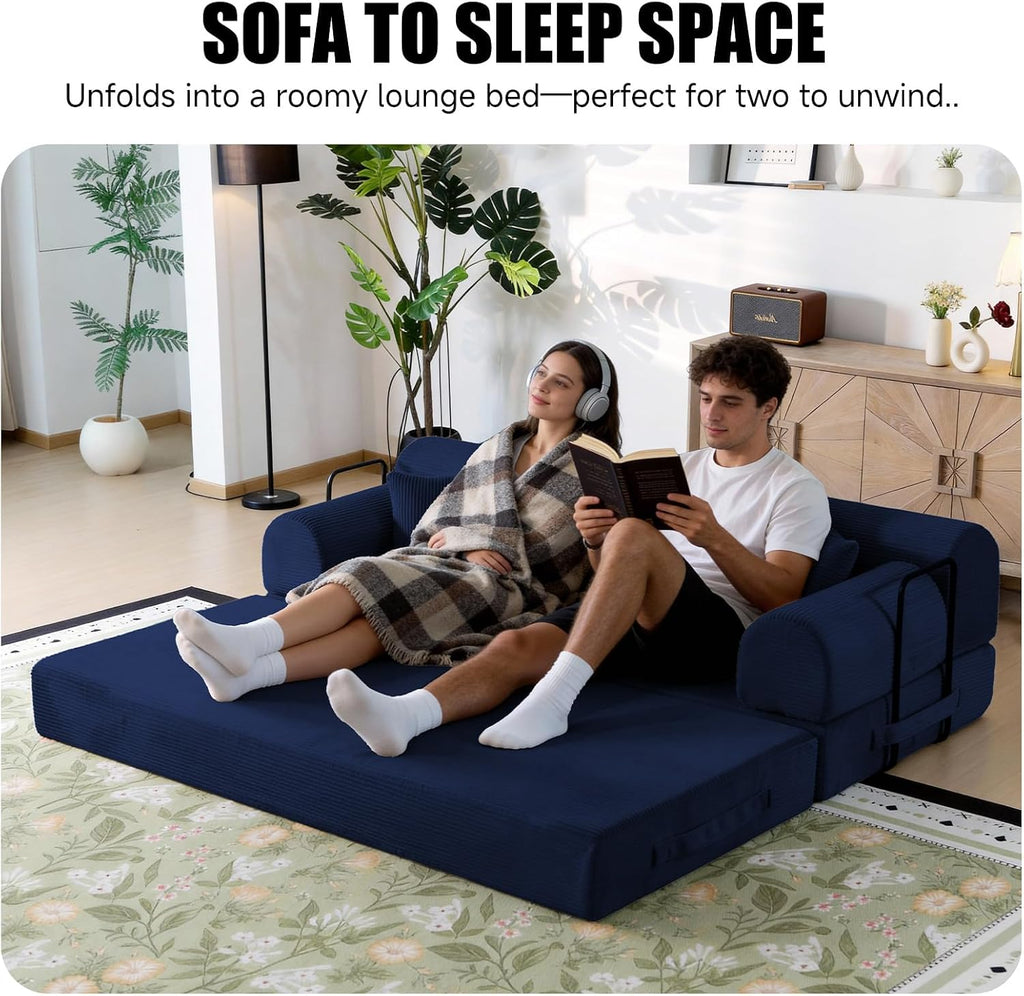 78.8' Memory Foam Boneless Couch, Corduroy Floor Sofa Bed, Convertible Sleeper Futon Loveseat, Wide Armrests & Back Support, Supports Up to 1200 lbs, Couch in a Box with 2 Pillows, Navy Blue