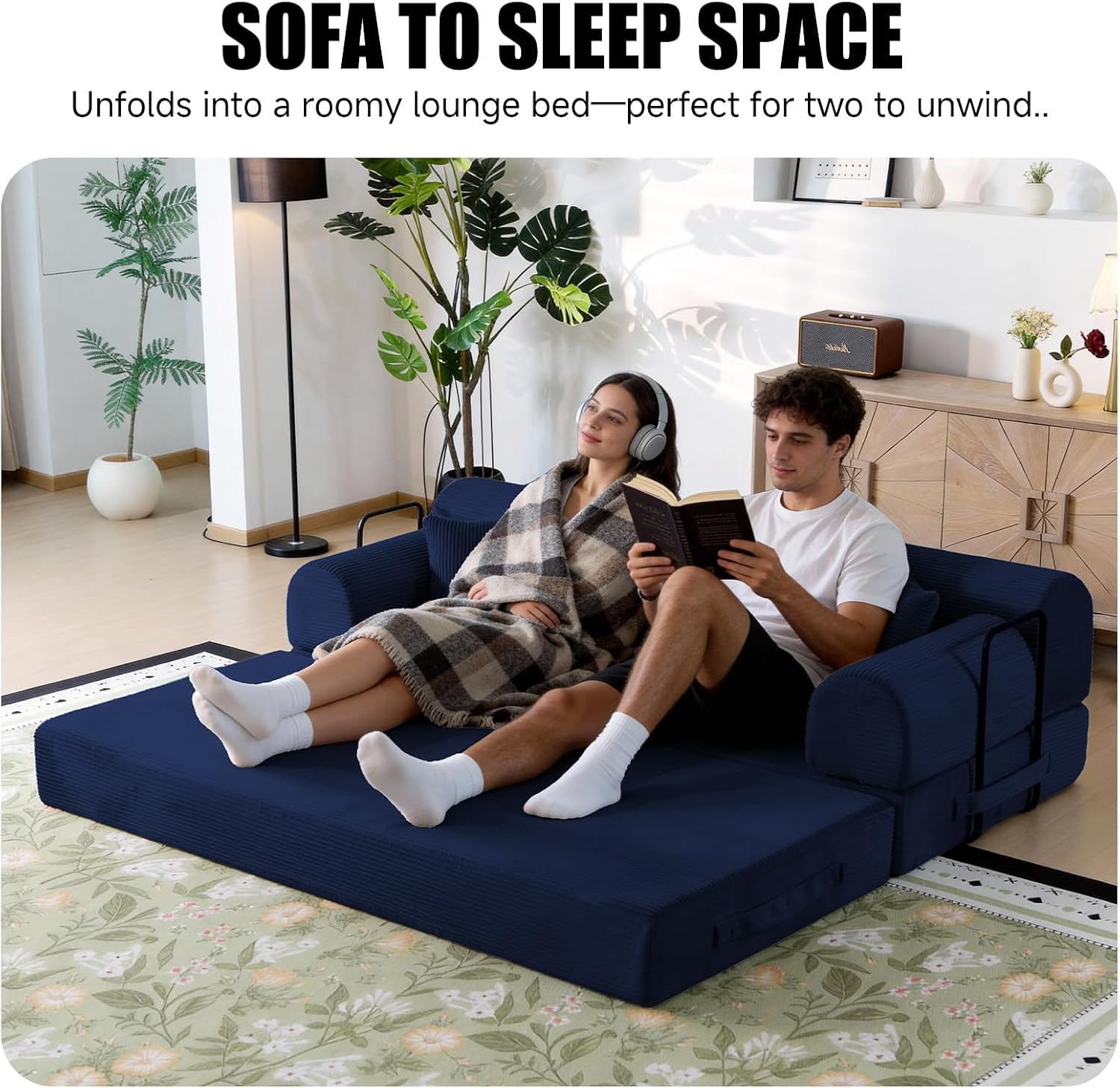 78.8' Memory Foam Boneless Couch, Corduroy Floor Sofa Bed, Convertible Sleeper Futon Loveseat, Wide Armrests & Back Support, Supports Up to 1200 lbs, Couch in a Box with 2 Pillows, Navy Blue