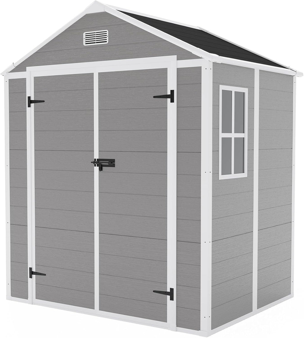 6x5 FT Outdoor Storage Shed, Plastic Garden Shed with Floor, Resin Storage Shed with Window, Waterproof Outside Tool Shed with Lockable Hinged Doors & Air Vents for Backyard, Patio, Lawn, Gray
