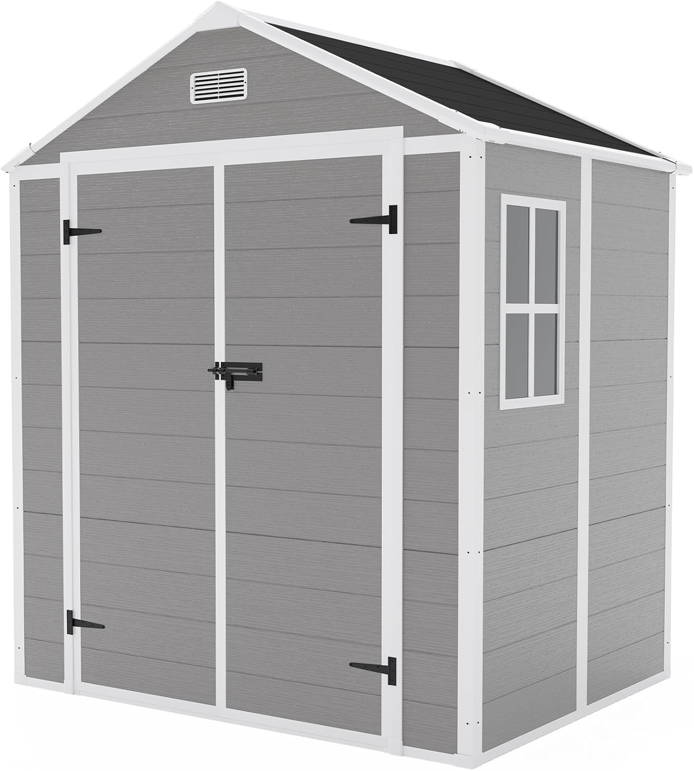6x5 FT Outdoor Storage Shed, Plastic Garden Shed with Floor, Resin Storage Shed with Window, Waterproof Outside Tool Shed with Lockable Hinged Doors & Air Vents for Backyard, Patio, Lawn, Gray