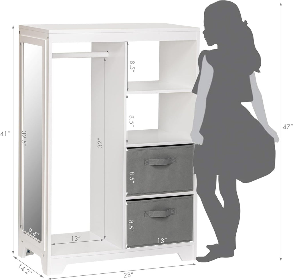 UTEX Kids Dress Up Storage with Full Length Mirror, Kids Armoire with 2 Storage Bins, Opening Hanging Costume Closet Wardrobe, Pretend Storage Closet Armoire Dresser