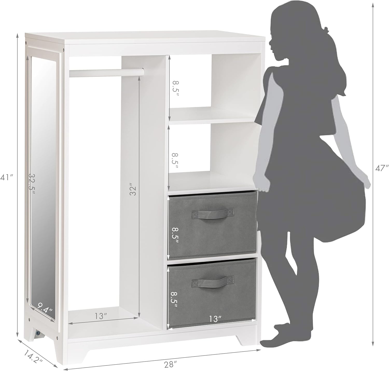UTEX Kids Dress Up Storage with Full Length Mirror, Kids Armoire with 2 Storage Bins, Opening Hanging Costume Closet Wardrobe, Pretend Storage Closet Armoire Dresser