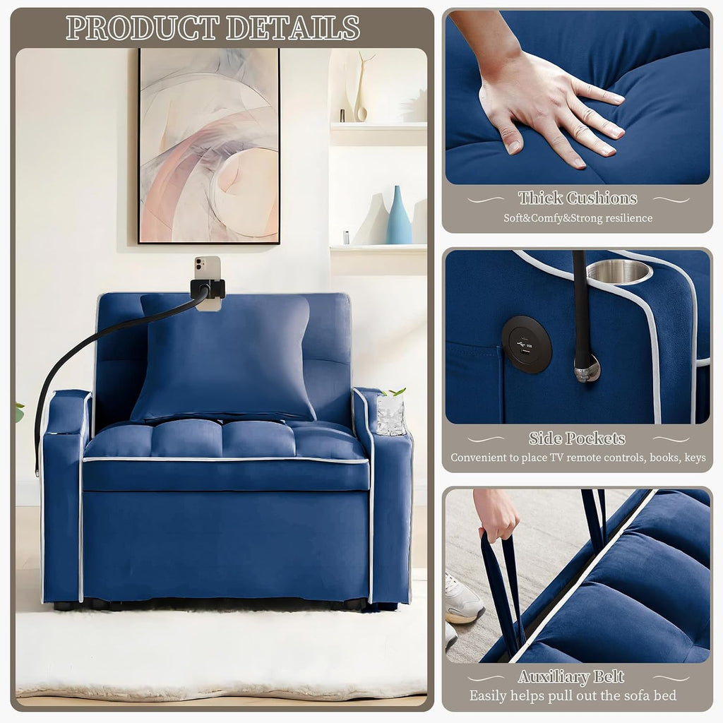 Convertible Single Sleeper Chair Bed,3 in 1 Velvet Futon Sleeper Sofa Bed with USB Ports & Phone Holder,Pull Out Couch Bed,Adjustable Recliner Armchair bed for Living Room,Office,Small Places(Blue)