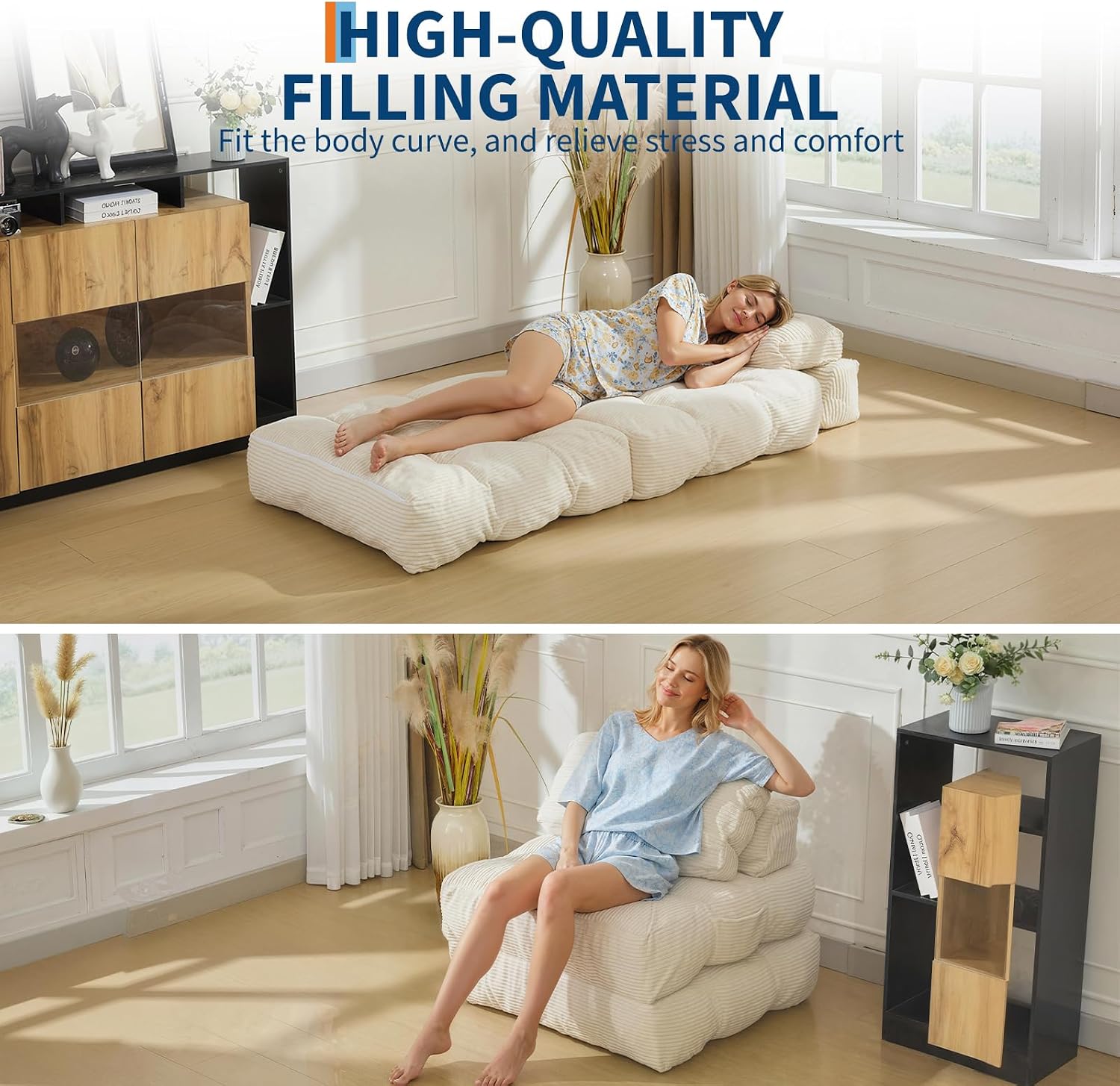 Folding Sofa Bed, 3-in-1 Convertible Sleeper Chair with Pillow, Single Futon Couch Bed with Back Support, Portable Fold Out Chair Bed Comfy Floor Sofa Lounge for Living Room Bedroom, Beige
