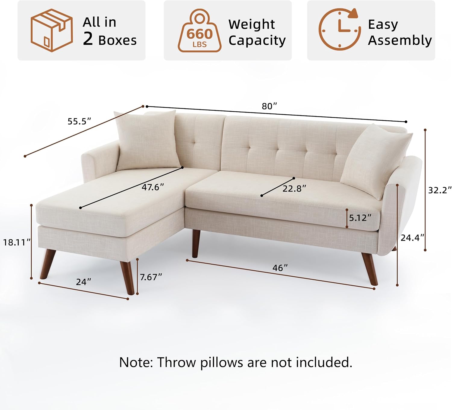 Tbfit L Shaped Couch Sofa, 80' W Mid-Century Modern Sectional Couches, 3 Seater Sofas with Wide Chaise Lounge, Button Tufted Upholstered Sectional Sofa for Living Room, Bedroom, Beige