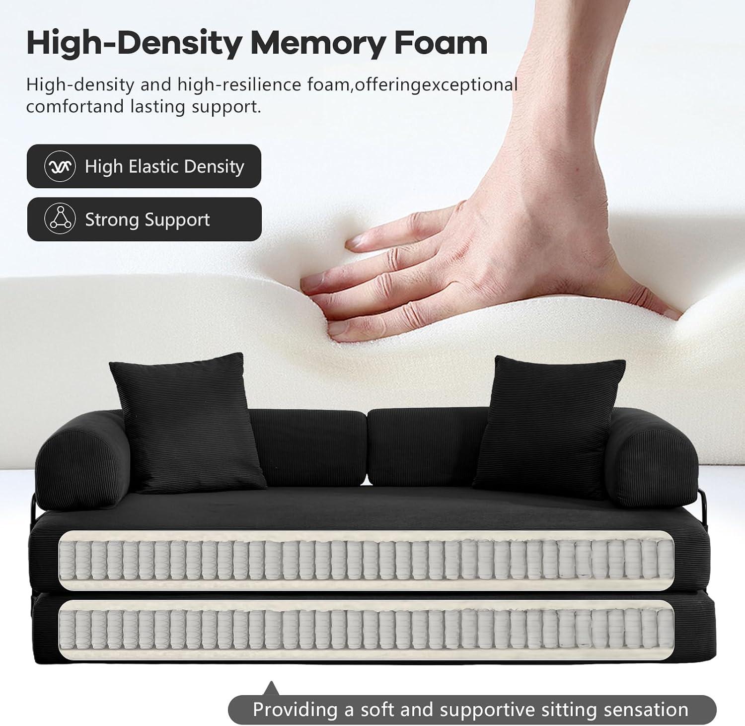 4-in-1 Convertible Folding Sofa Bed, 79' Oversized Corduroy Upholstered Boneless Couch, Loveseat Sleeper Sofa Bed, Floor Sofabed Modular Futon Couch for Living Room Bedroom Lounge (Black)