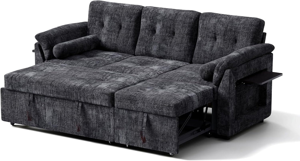 Convertible Sleeper Sofa Bed, 63 Inch Chenille Pull Out Couch with Side Table & Adjustable Backrest, Sectional Sleeper Sofa with Pull Out Bed for Living Room, Apartment, Black
