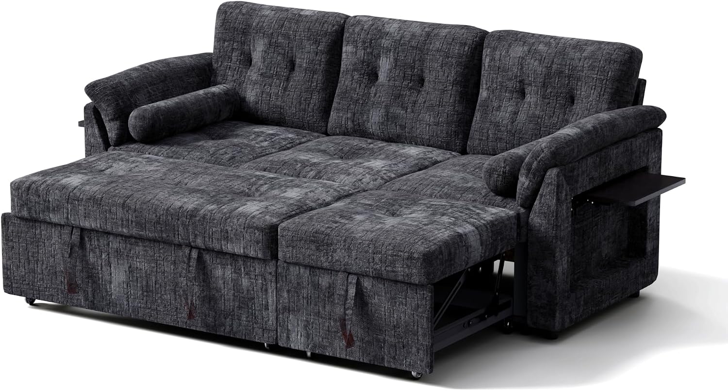 Convertible Sleeper Sofa Bed, 63 Inch Chenille Pull Out Couch with Side Table & Adjustable Backrest, Sectional Sleeper Sofa with Pull Out Bed for Living Room, Apartment, Black