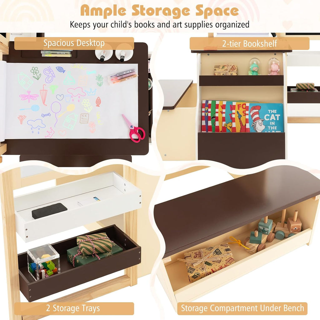 HONEY JOY Kids Art Easel, 6-in-1 Wooden Double-Sided Toddler Table & Chair Set w/Adjustable Magnetic White Board & Chalkboard, Paper Roll, Bookshelf, Storage, Kids Art Table and Chair (Coffee)