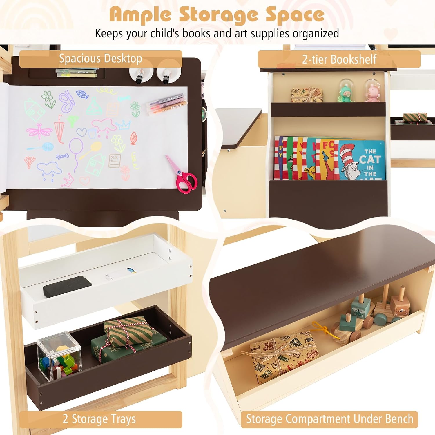 HONEY JOY Kids Art Easel, 6-in-1 Wooden Double-Sided Toddler Table & Chair Set w/Adjustable Magnetic White Board & Chalkboard, Paper Roll, Bookshelf, Storage, Kids Art Table and Chair (Coffee)
