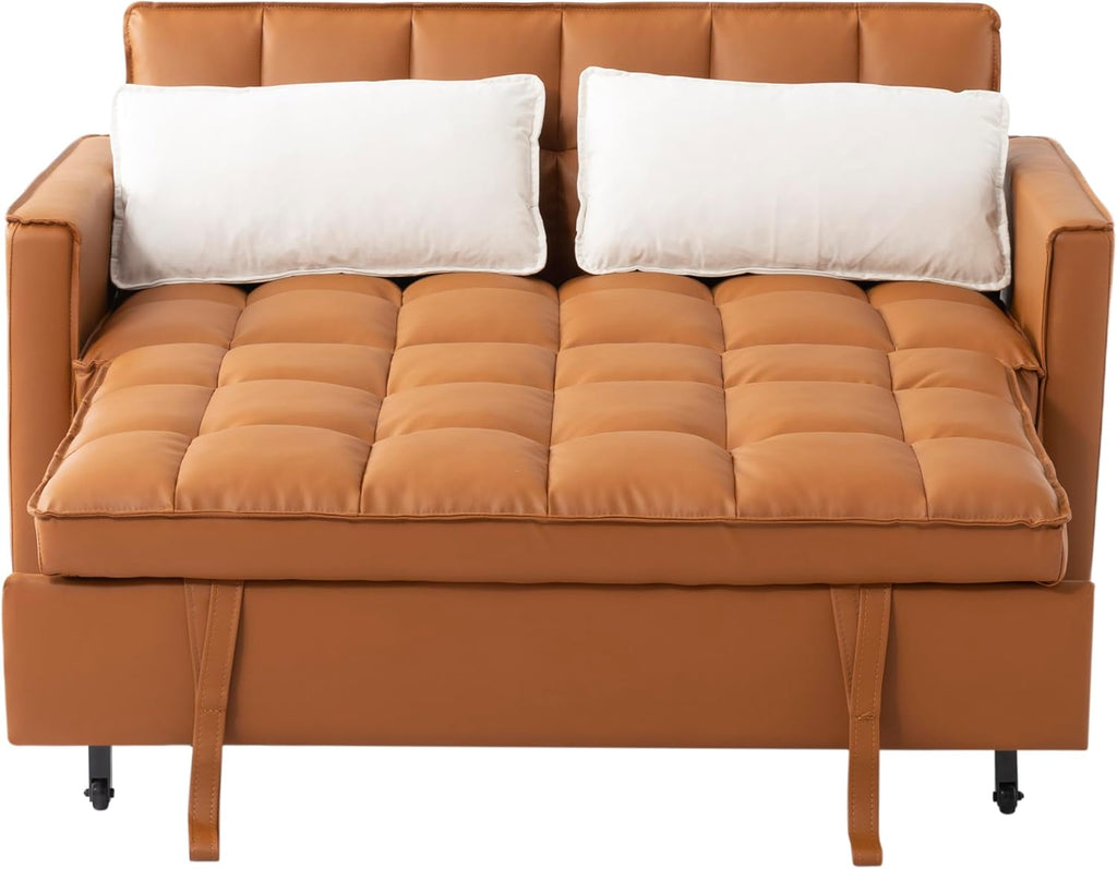 3 in 1 Convertible Sofa Bed, Love Seat Sleeper Bed with Side Pockets, PU Fabric Pull Out Couch with Adjustable Backrest for Living Room, Bedroom, Apartment, Brown