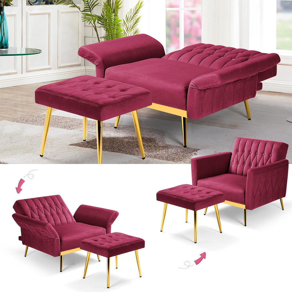 2 Pieces Velvet Futon Sofa Set with Adjustable Backrests and Armrests, 70' Convertible Sofa Bed & Tufted Accent Chair with Ottoman for Living Room, Fuchsia