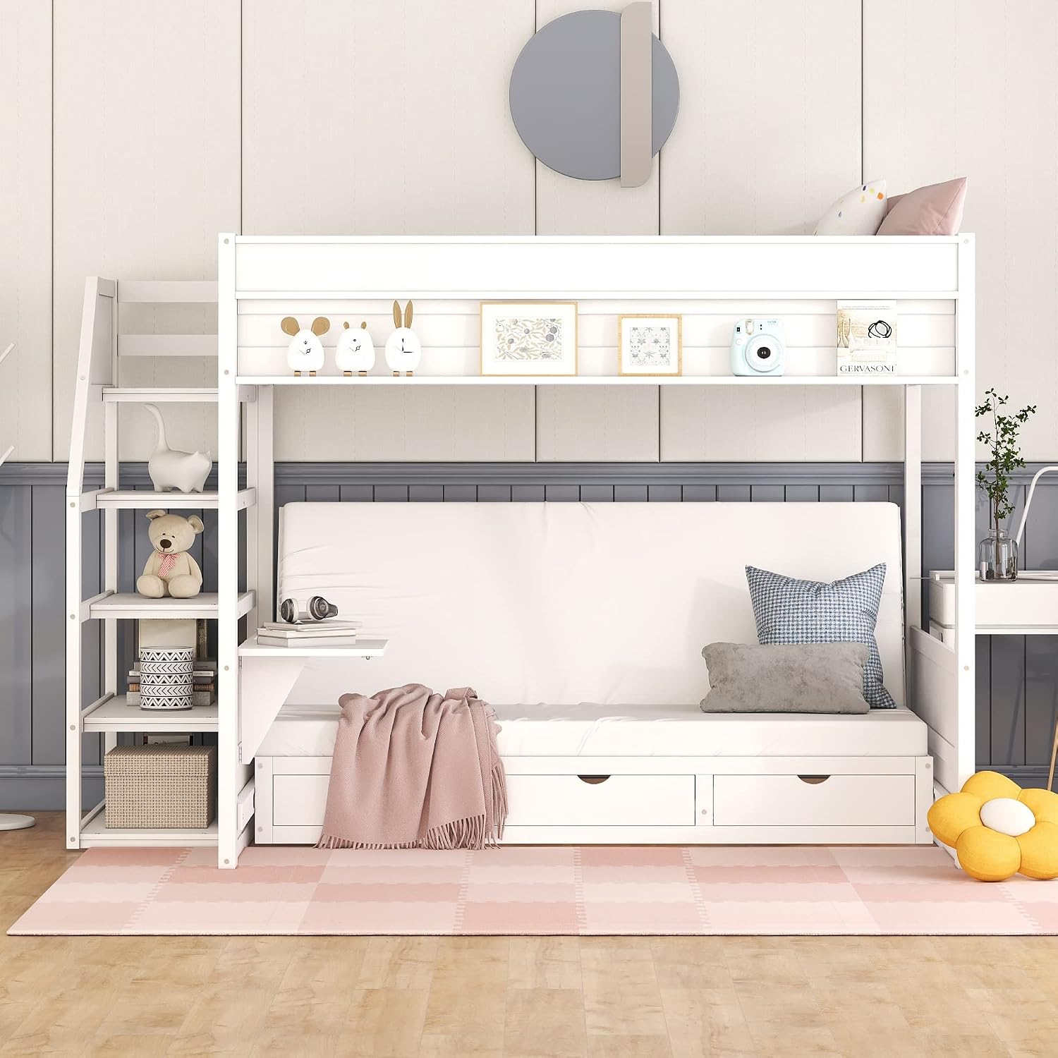 Harper & Bright Designs Full Over Full/Futon Bunk Beds with Stairs and 3 Drawers, Built-in Shelf, Bottom Bed can be Converted into Daybed, Solid Wood Bunk Bed Frame (White)
