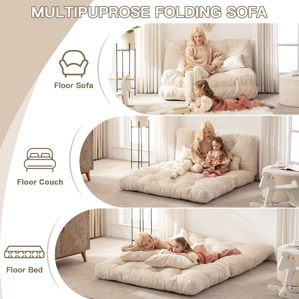 Folding Sofa Bed, Convertible Sleeper Chair with Pillow Foldable Mattress with Back Support, Portable Fold Out Chair Bed Comfy Floor Sofa Lounge for Living Room Bedroom, Beige Full 80x54 Inch