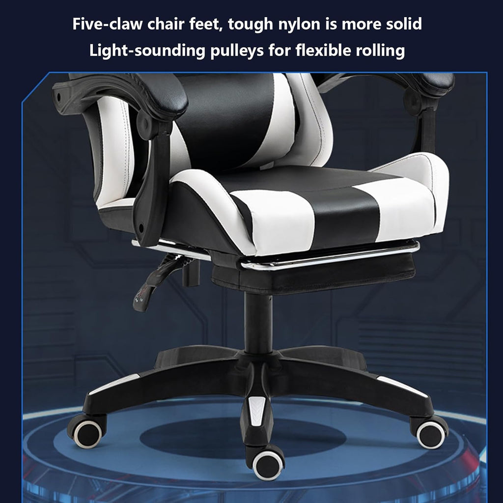 Gaming Chair Office Chair High-back Ergonomic Video Game Chairs with Footrest and Lumbar Support Height Adjustable Racing Style Computer Chair with Swivel Seat and Headrest,One Size,Black White