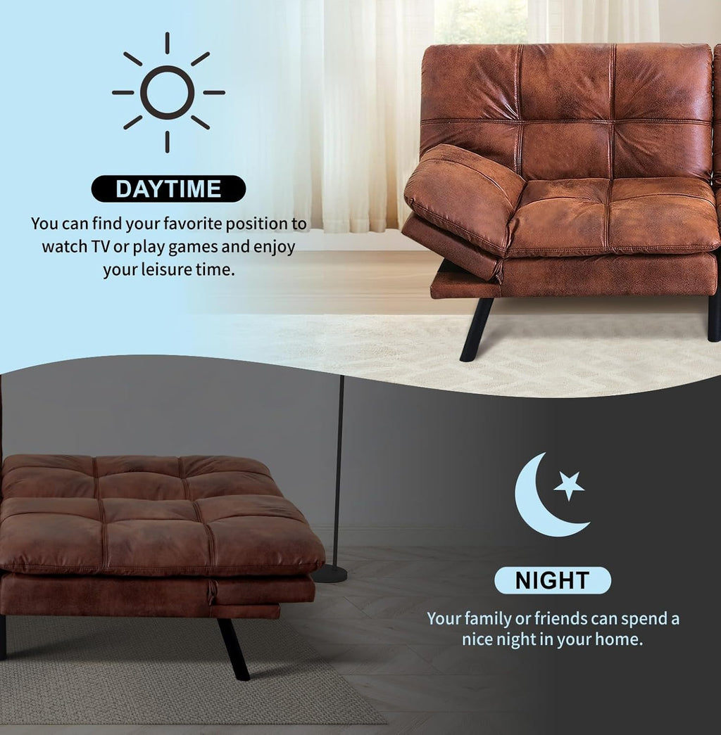 MUUEGM 71' Convertible Futon Sofa Bed, Upholstered Small Futon Couches with Adjustable Backrest, Loveseat Sleeper Bed for Compact Living Room Studio Office (Brown)